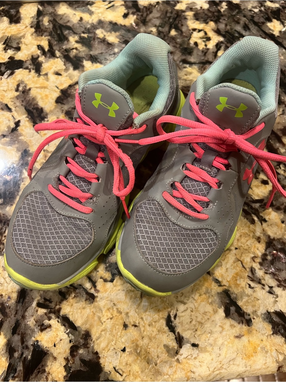 Under Armour Women’s Gray Sneakers with Pink Laces and Lime Accents - 8.5